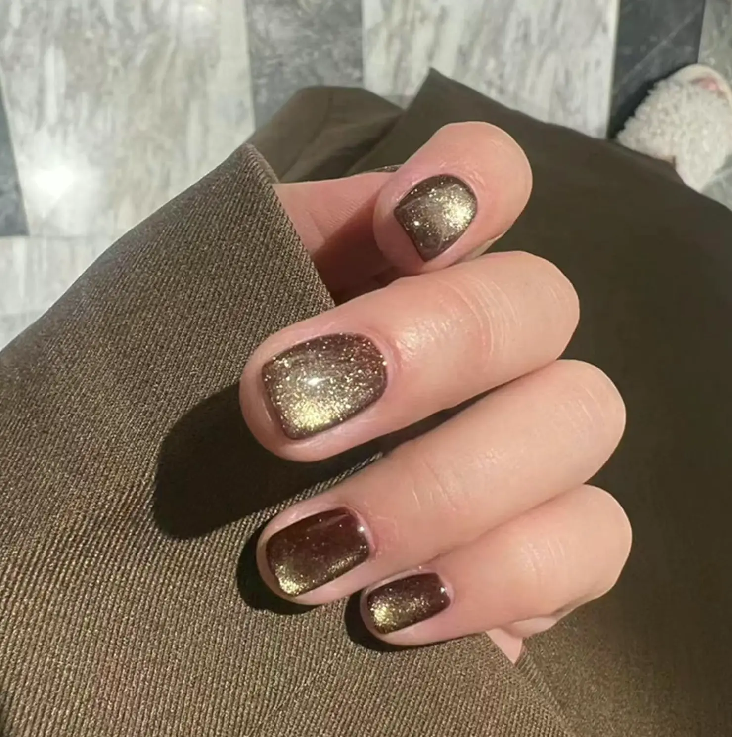 Gold Cat's Eye Stick on Nails Short Square