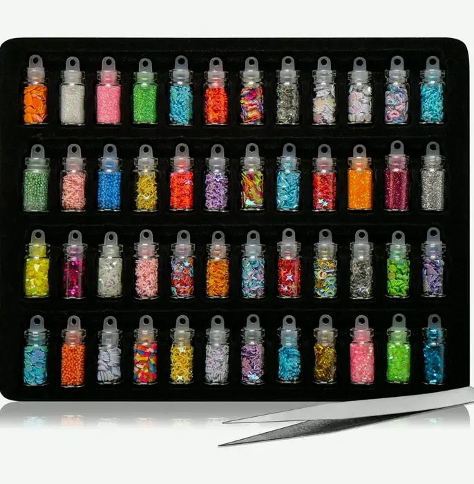 Nail Art Decoration Small Bottles - 48 Containers with Free Tweezers